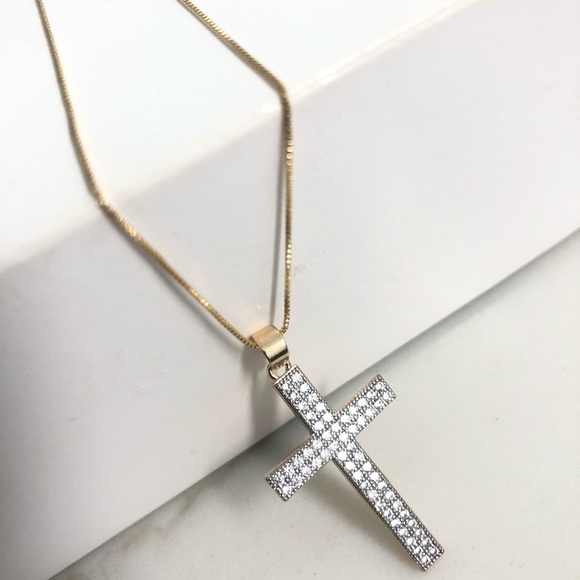 18k Gold Filled CZ Cross Necklace - Picture 2 of 7